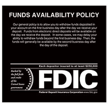 Acrylic Funds Availability Wall Sign with FDIC – Std Copy